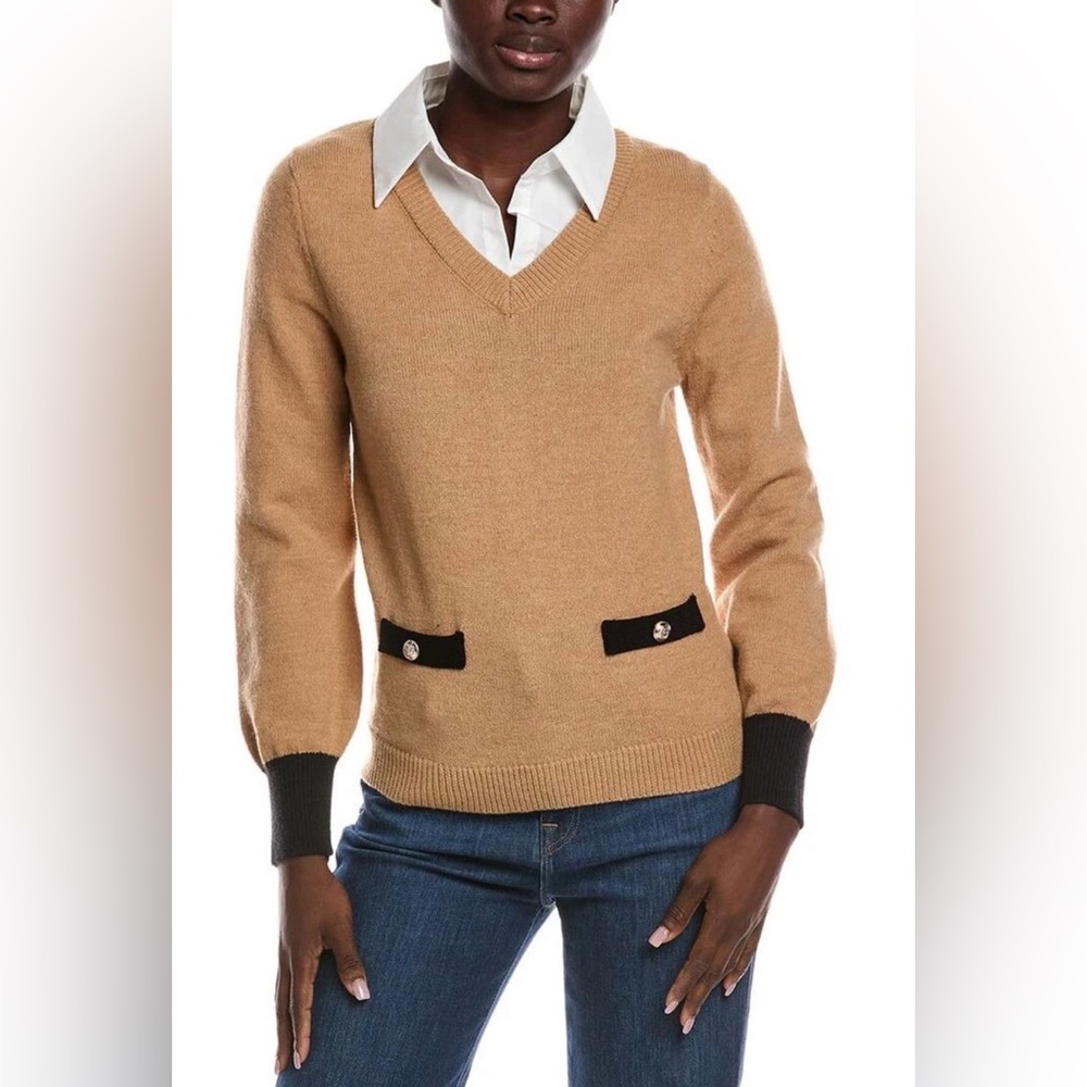 NWOT Nannette Lepore Tan V-Neck Sweater with Black Details size. XL